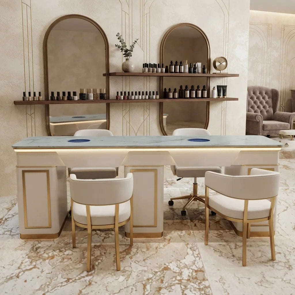 Luxury White Manicure Table with Gold Accents & Lighting
