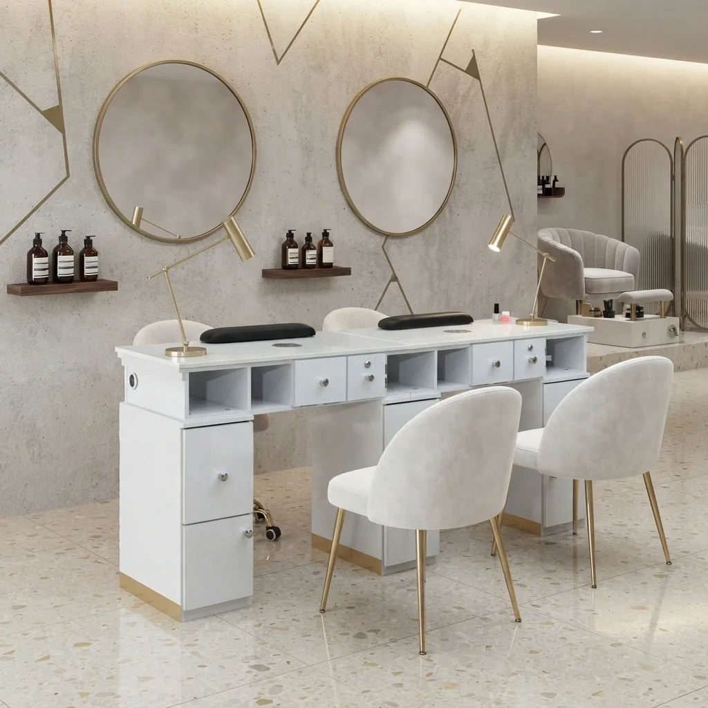 Luxury White Manicure Table with Gold Accents & Lighting