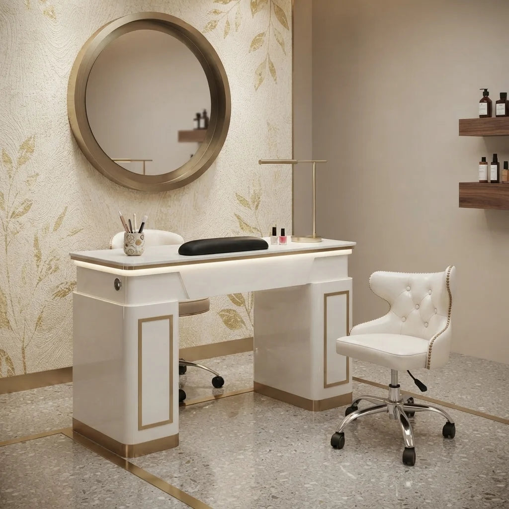 Luxury White Manicure Table with Gold Accents & Lighting