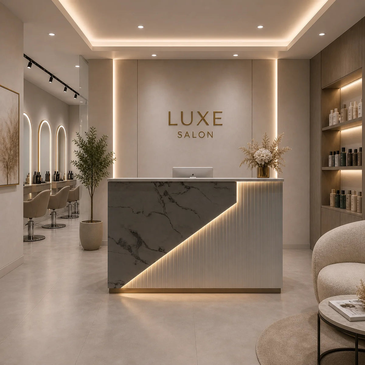 Custom Salon Reception Desk with LED Accent