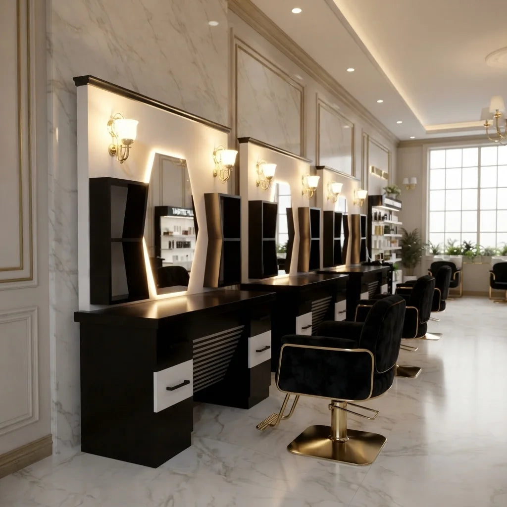 Custom Barber Styling Station with Mirror, Storage & Wash Basin Options