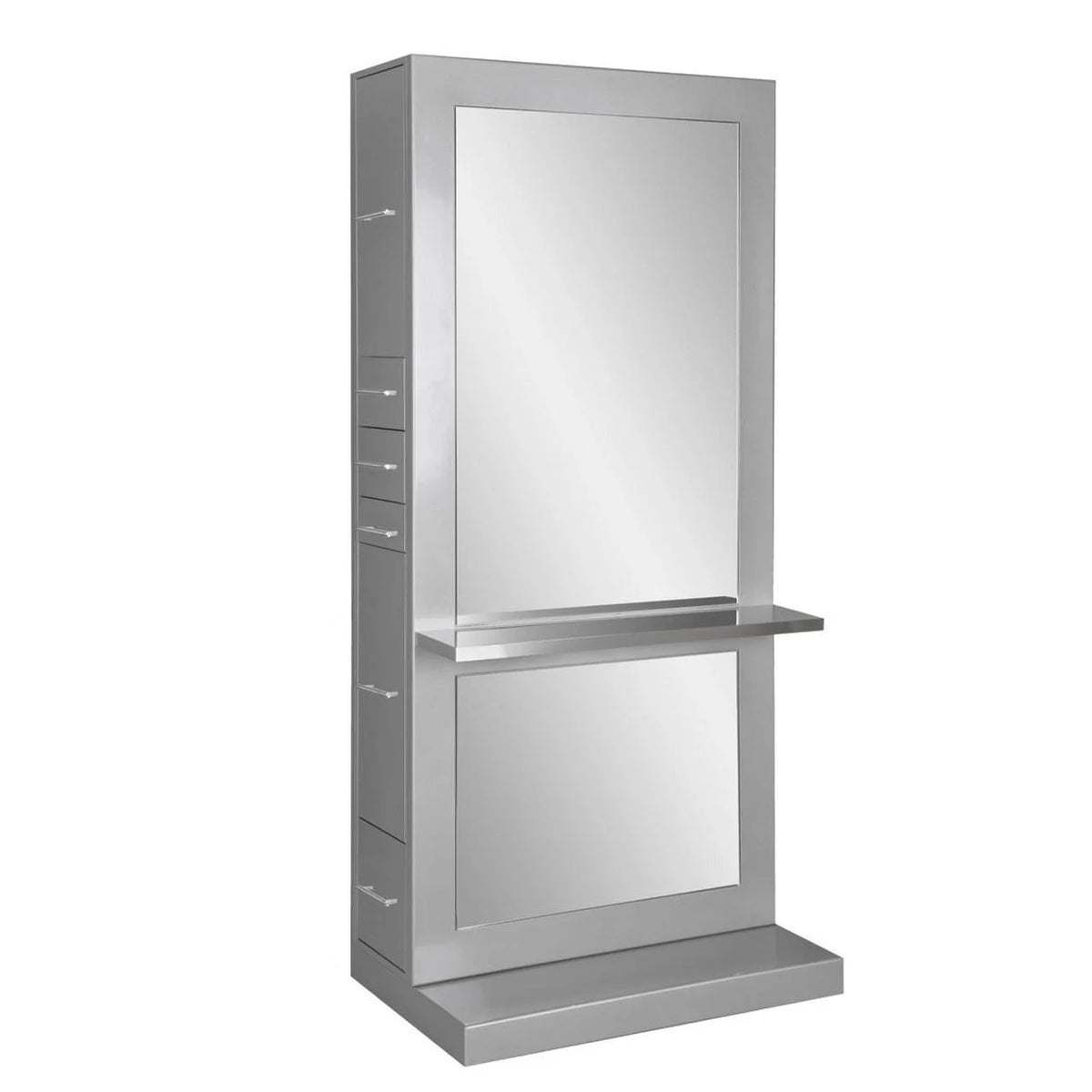 High-End Barber Mirror Station with Built-In Cabinetry