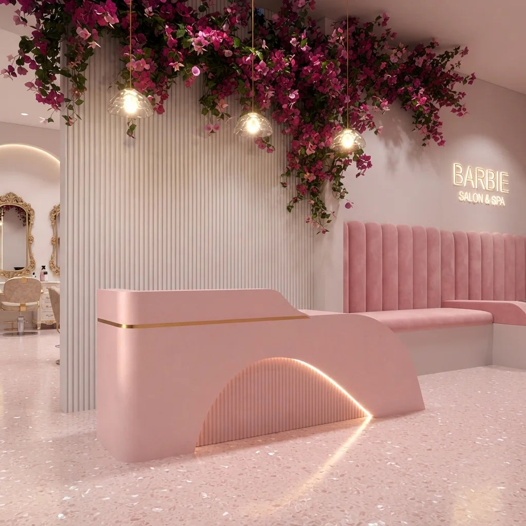 Pink Curved Salon Reception Desk with Illuminated Front