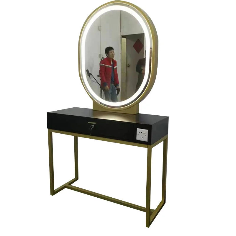 Gold & Black Oval LED Barber Mirror Station