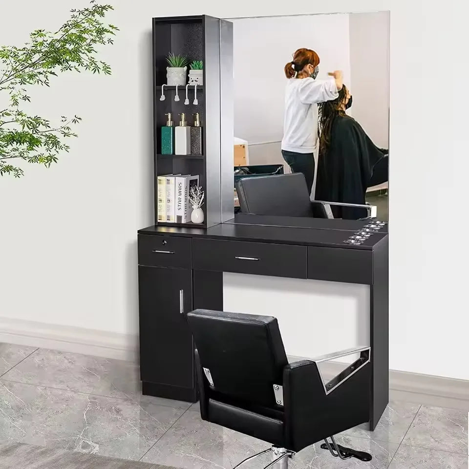 Black Barber Styling Station with Mirror and Storage