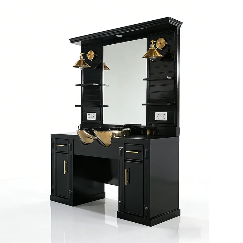 Black Theme Salon Mirror Station with Built-In Basin, Lamp and Storage