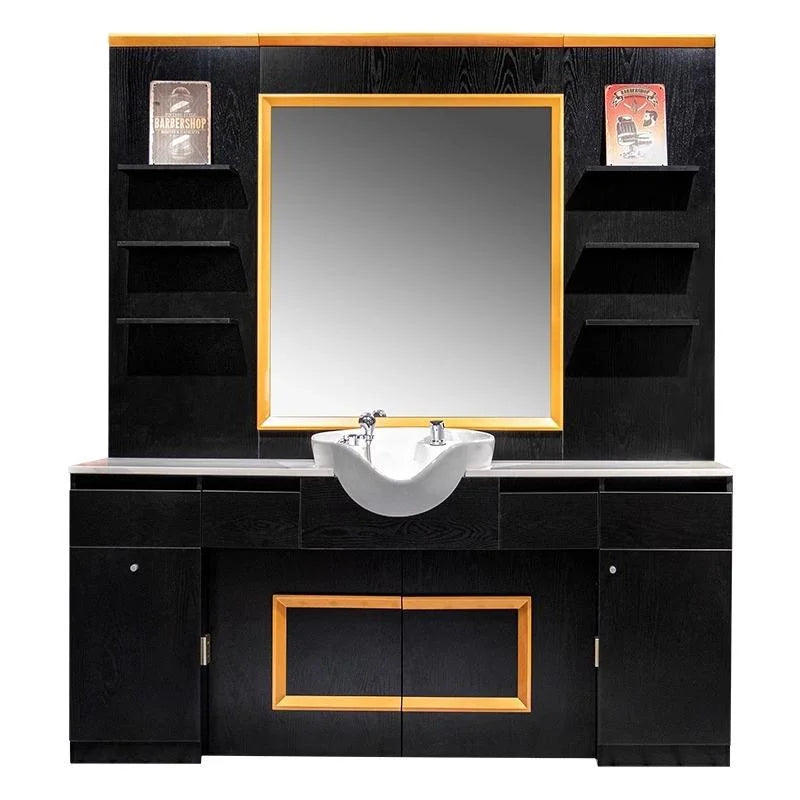 High-End Black Theme Barber Workstation with Mirror, Shelves and Cabinets