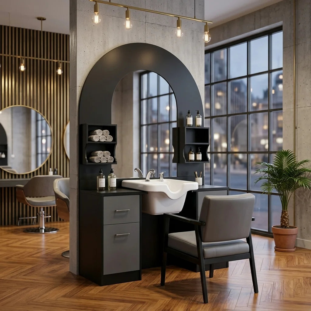 Arched Salon Shampoo Cabinet with Mirror and Basin