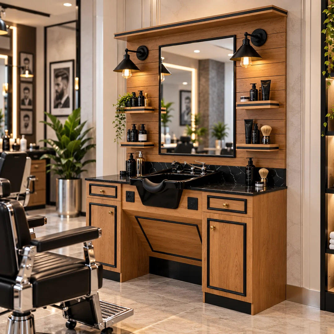Wooden Barber Shampoo Cabinet with Mirror, Lamp and Basin