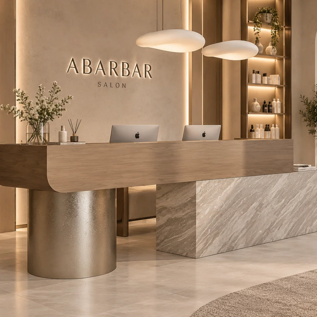 Reception Desk with Wood-Grain Front and Block Base