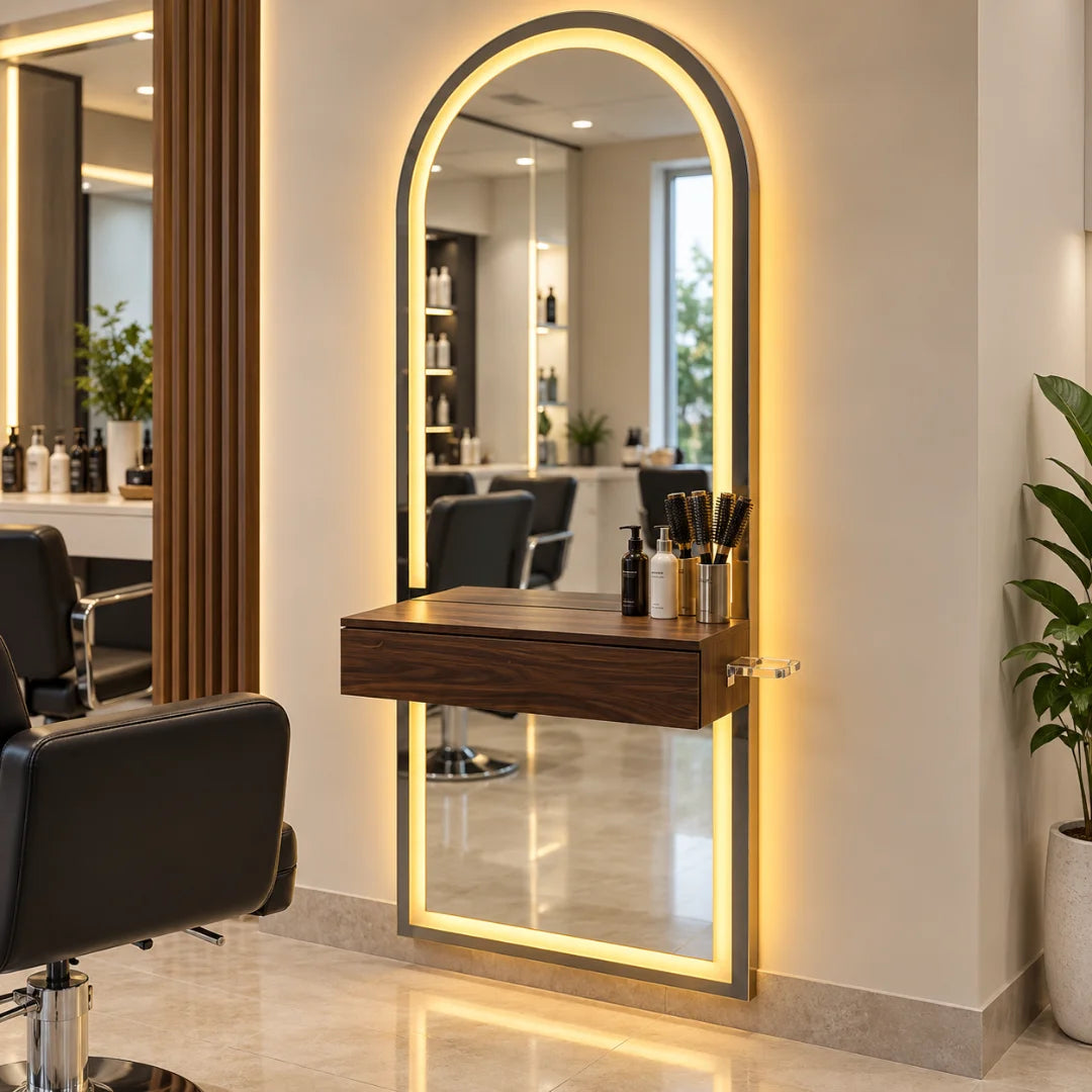 Arched LED Salon Styling Station with Floating Drawer