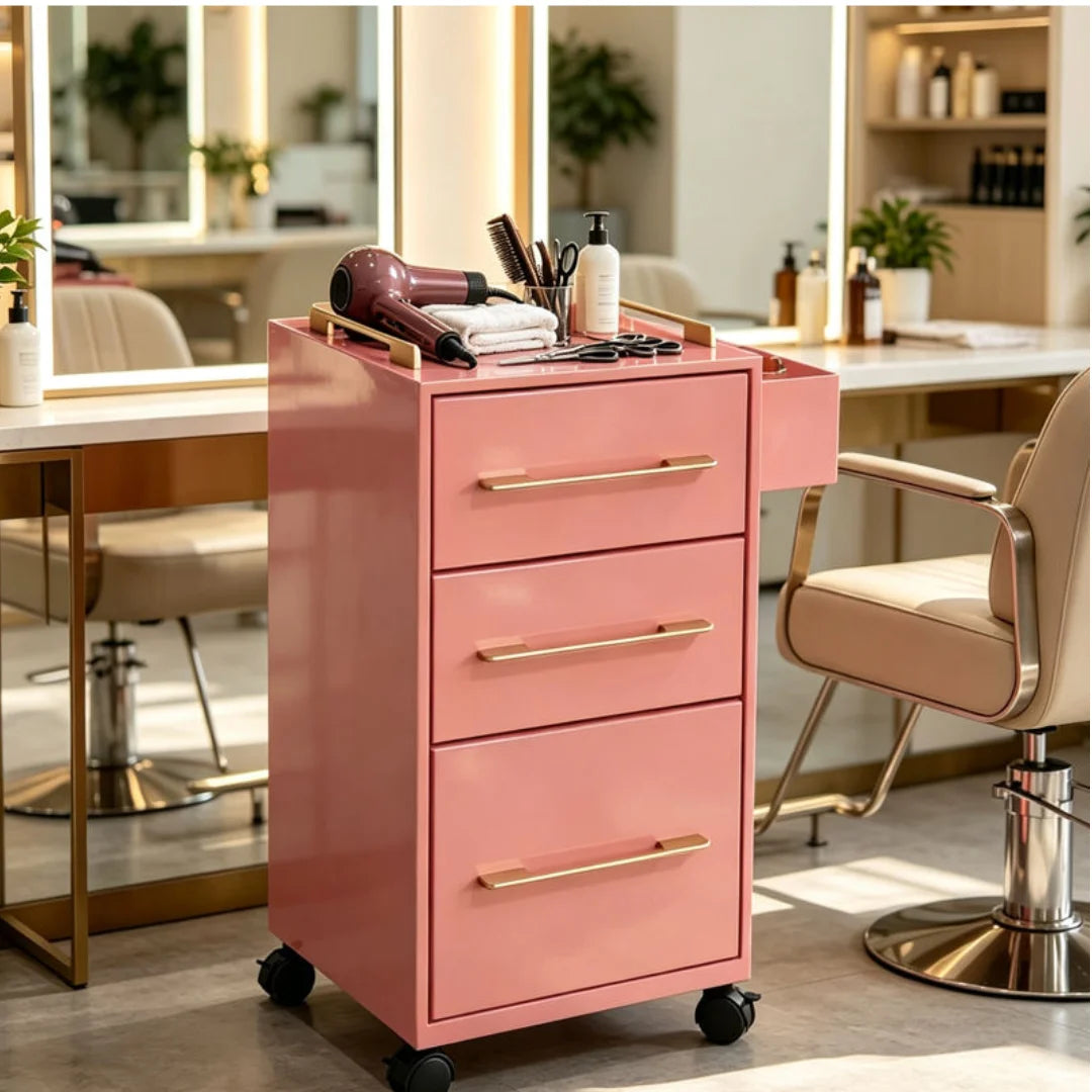 Pink Rolling Salon Storage Cabinet with Gold Bar Handles