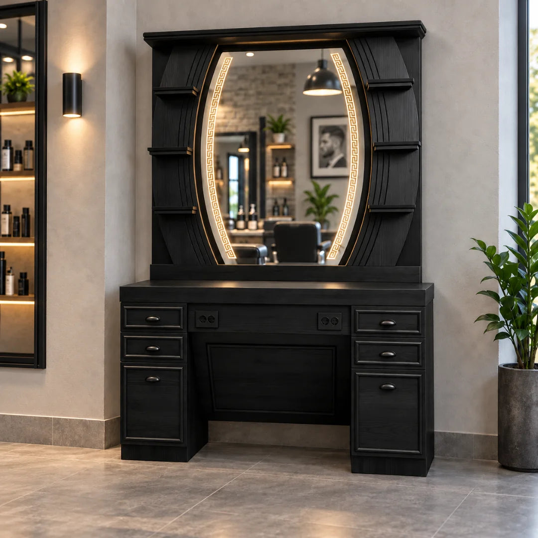 Classic Black Wood Barber Styling Station with LED Mirror