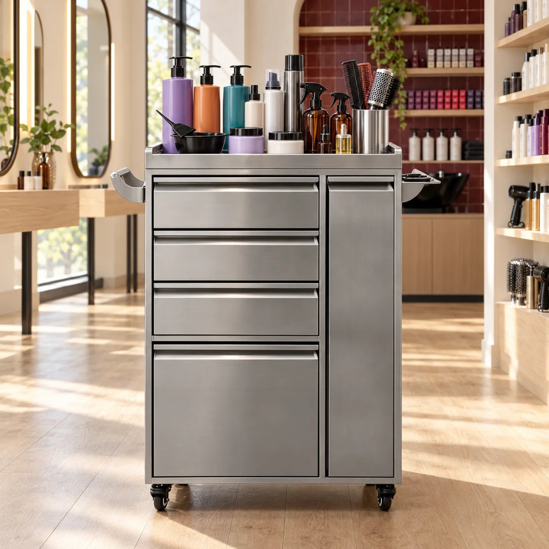 Brushed Silver Salon Trolley with Drawers and Storage Cabinet