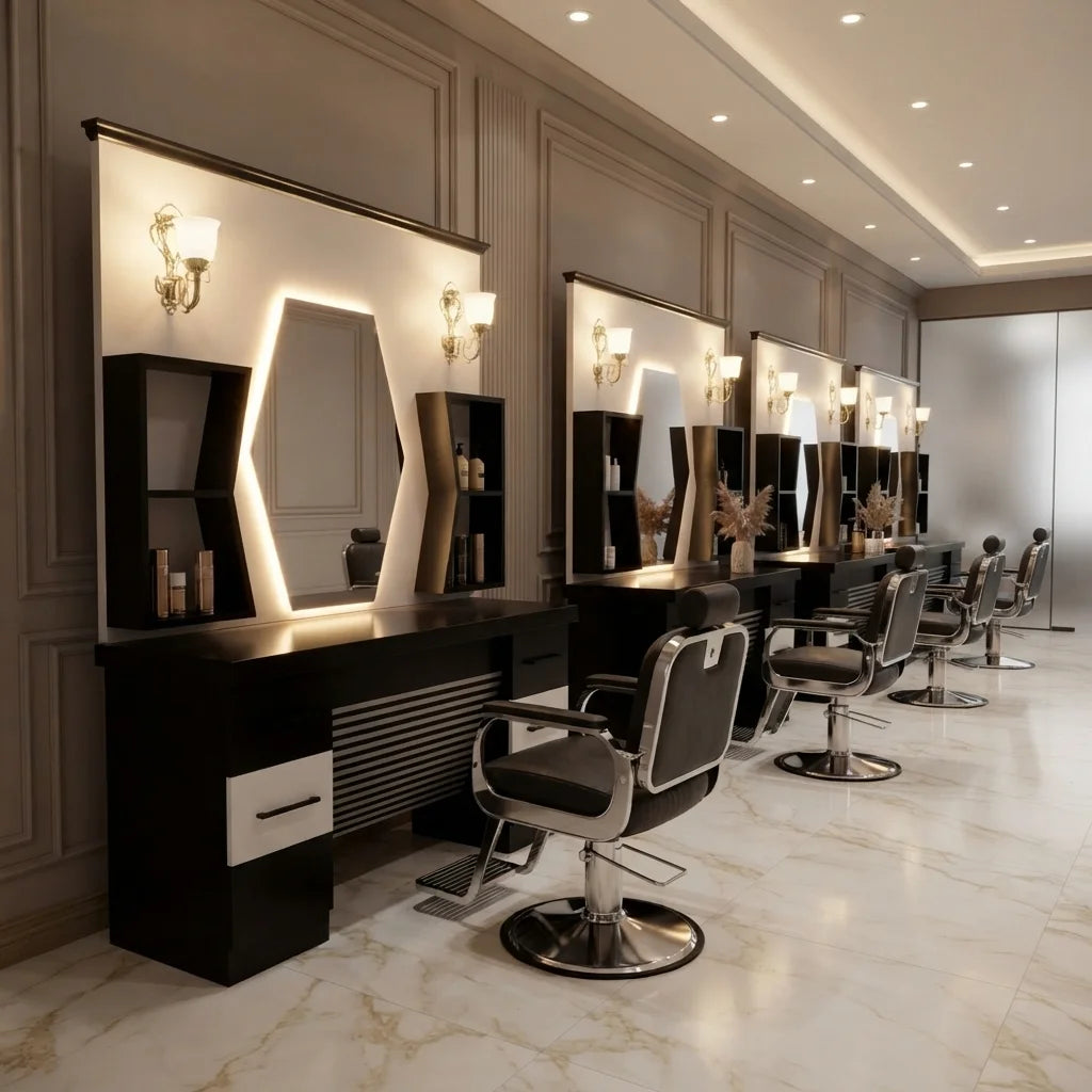 Custom Barber Styling Station with Mirror, Storage & Wash Basin Options