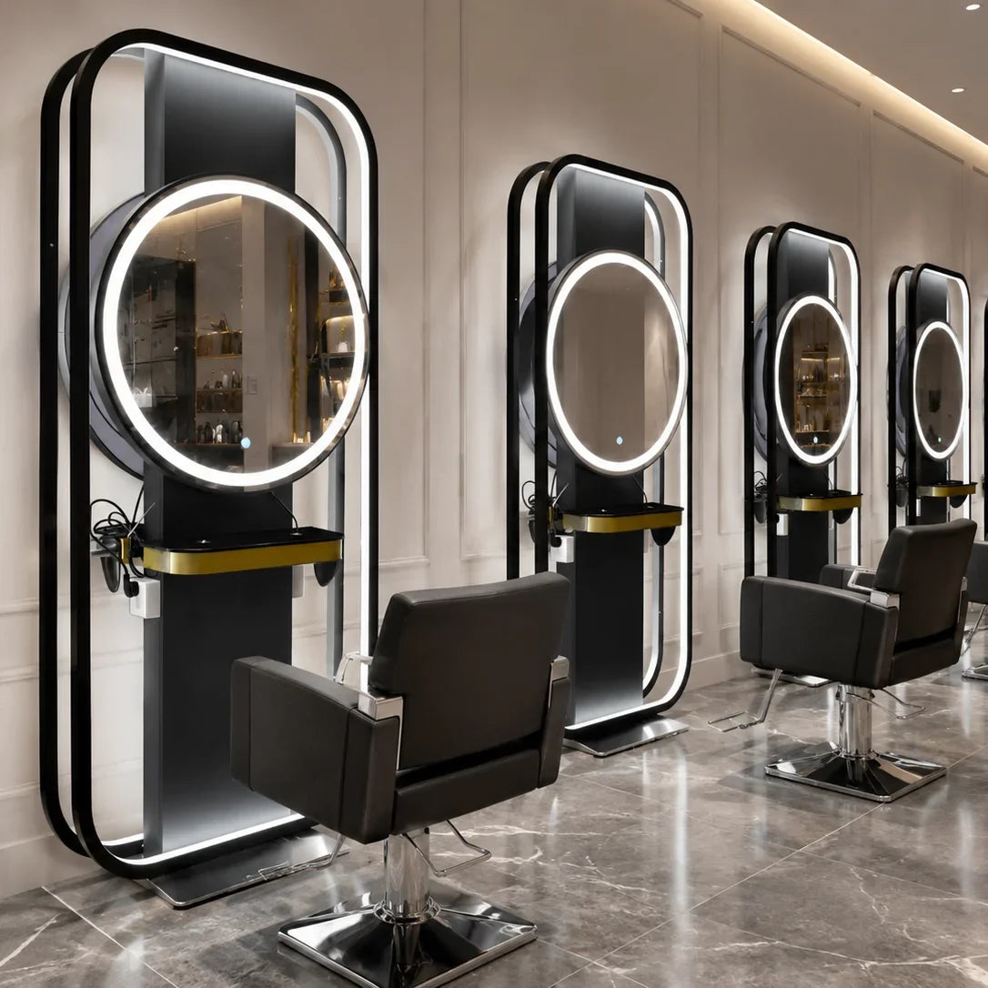 Modern Circular LED Barber Styling Mirror Station