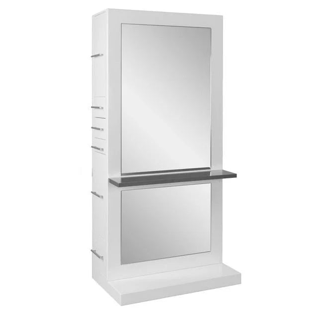 High-End Barber Mirror Station with Built-In Cabinetry