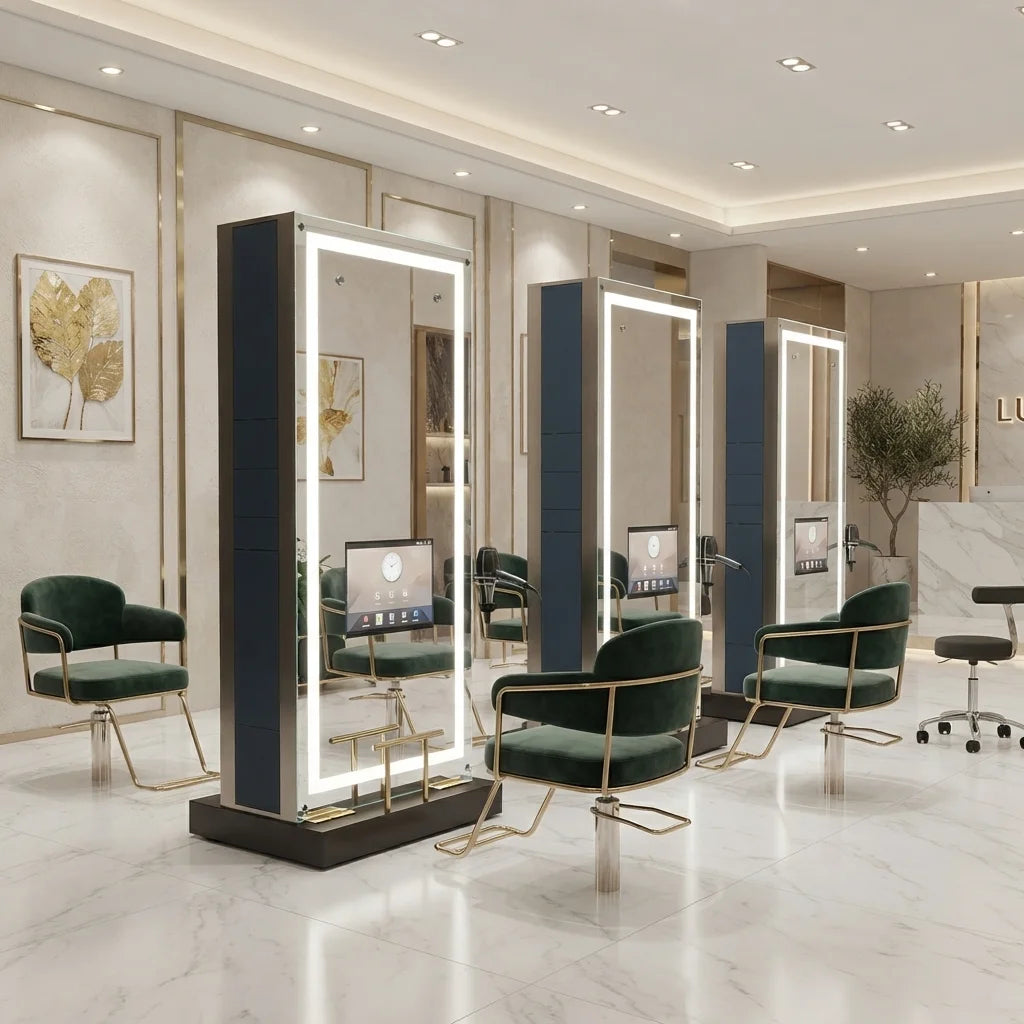 Full-Length Barber LED Mirror with Integrated TV & Storage