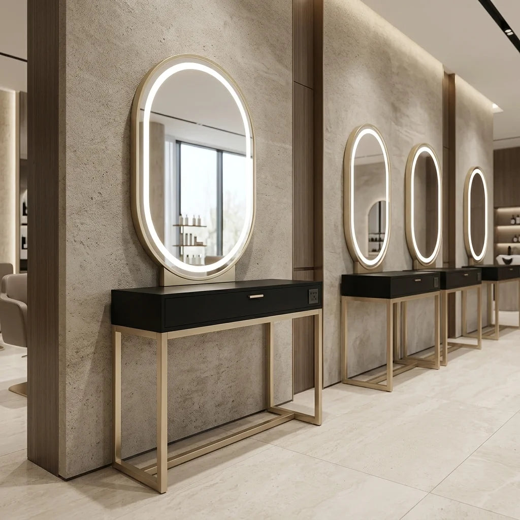 Gold & Black Oval LED Barber Mirror Station