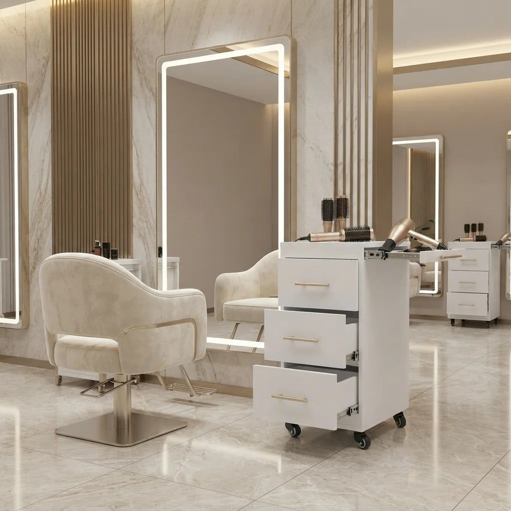 White Barber Styling Unit with Tool Tray