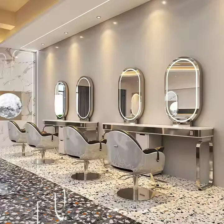 Barber Styling Station with Integrated LED Mirror