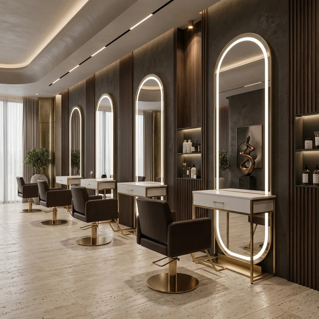 Full-Length Gold Salon Arched LED Barber Mirror Station
