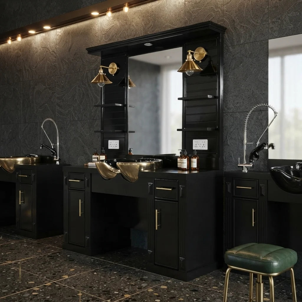 Black Theme Salon Mirror Station with Built-In Basin, Lamp and Storage