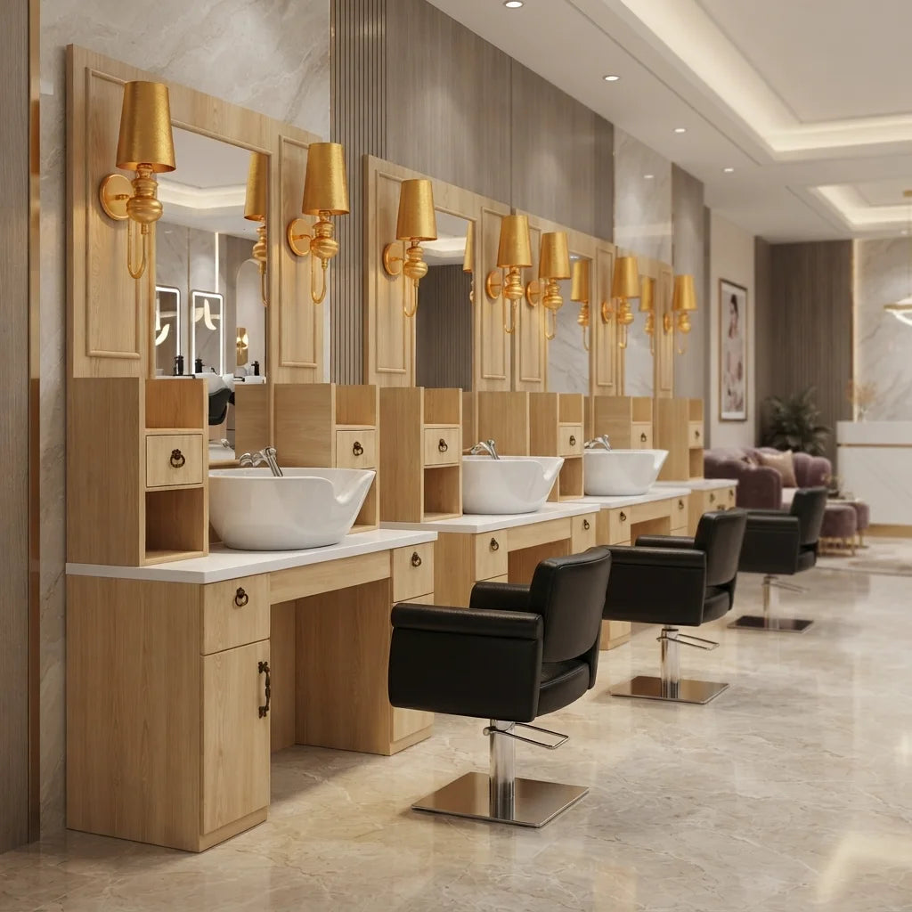 Wooden Art Barber Mirror Station with Storage Cabinets, Lamps & Basin