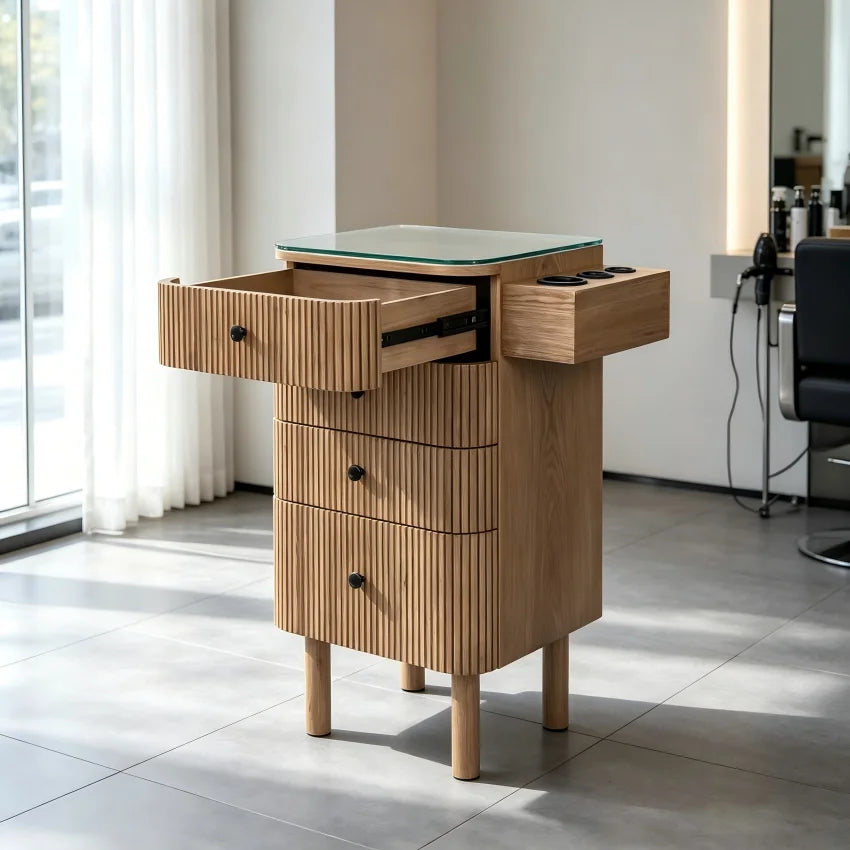Salon Styling Cabinet with Glass Top & Tool Holders