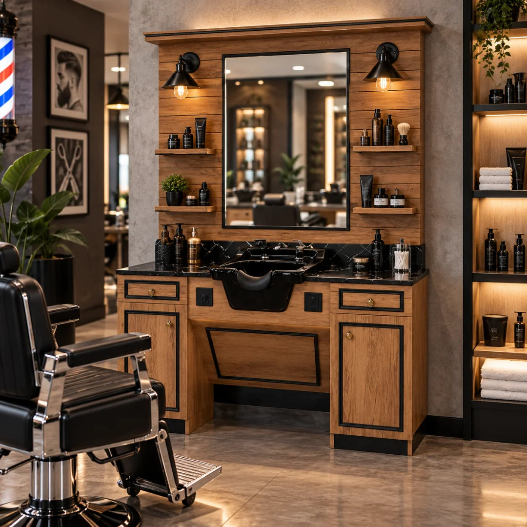 Wooden Barber Shampoo Cabinet with Mirror, Lamp and Basin
