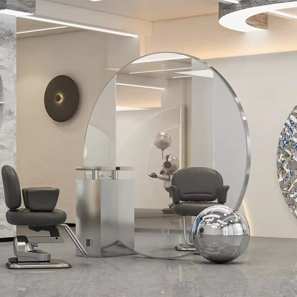 Freestanding Round LED Salon Mirror with Side Table