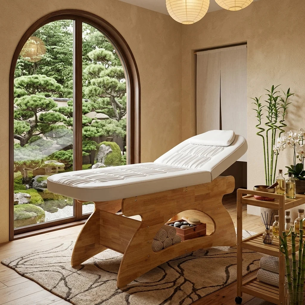 Spa Massage Bed with Natural Wood Base