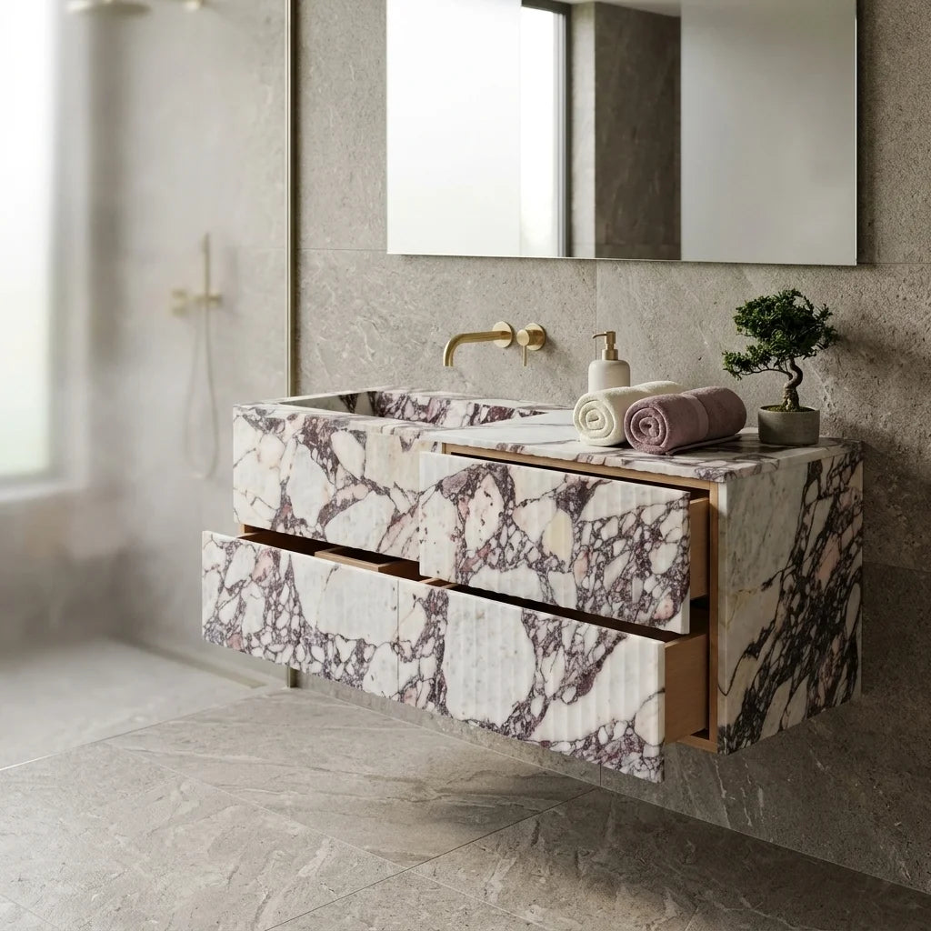 Floating Spa Vanity Cabinet with Marble-Look Finish