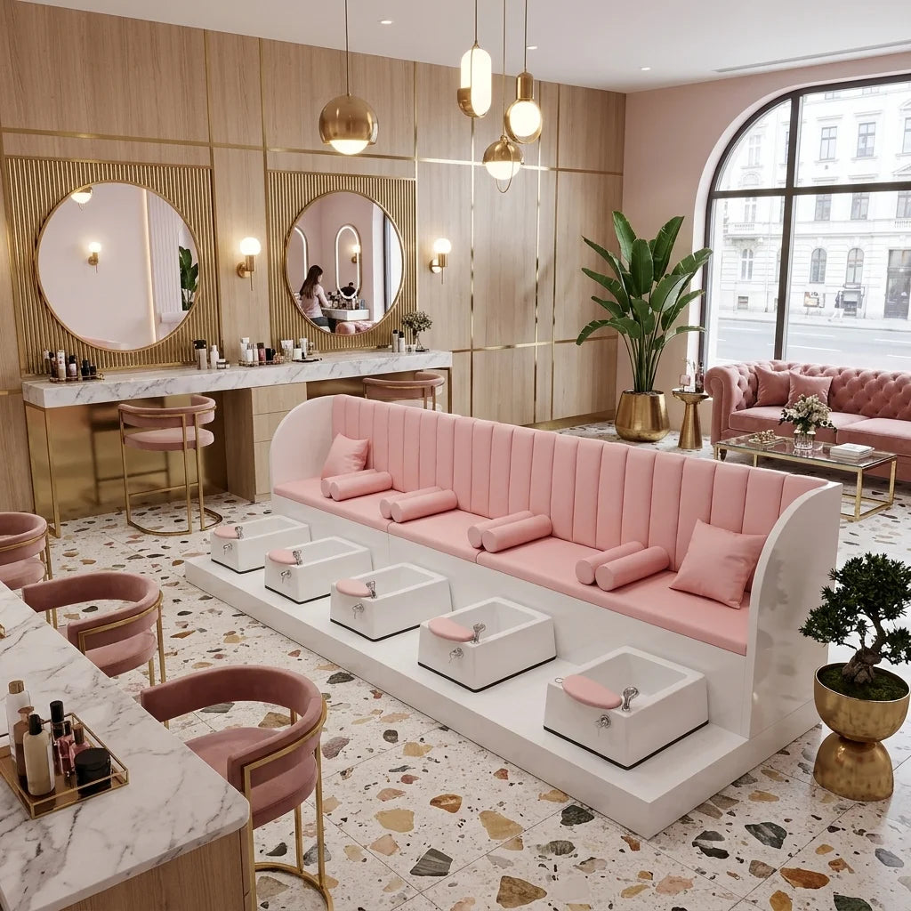 Four-Station Pedicure Bench with Integrated Foot Baths