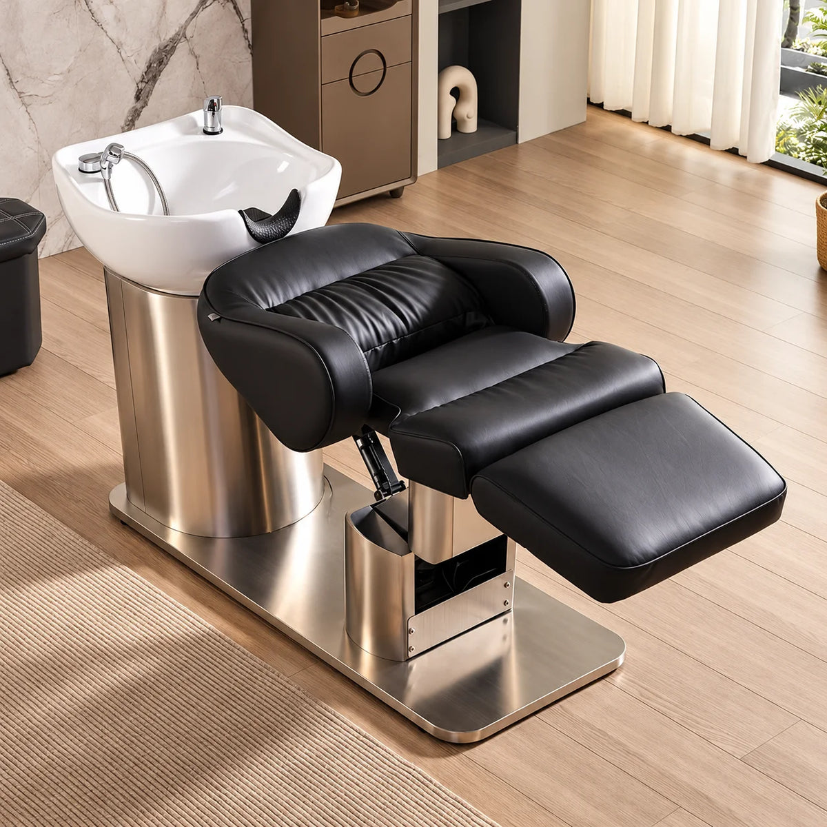 Black Upholstery Salon Shampoo Chair with Stool