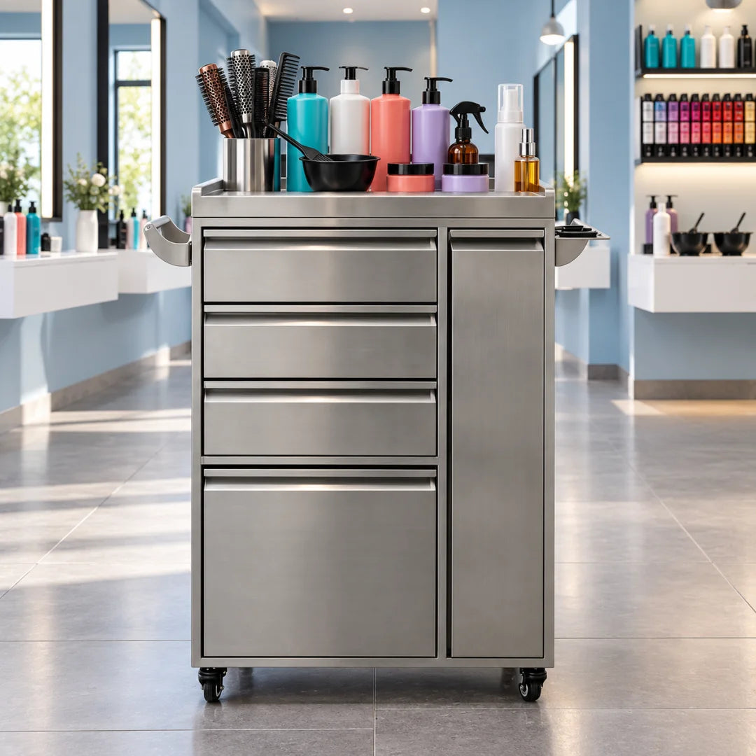 Brushed Silver Salon Trolley with Drawers and Storage Cabinet