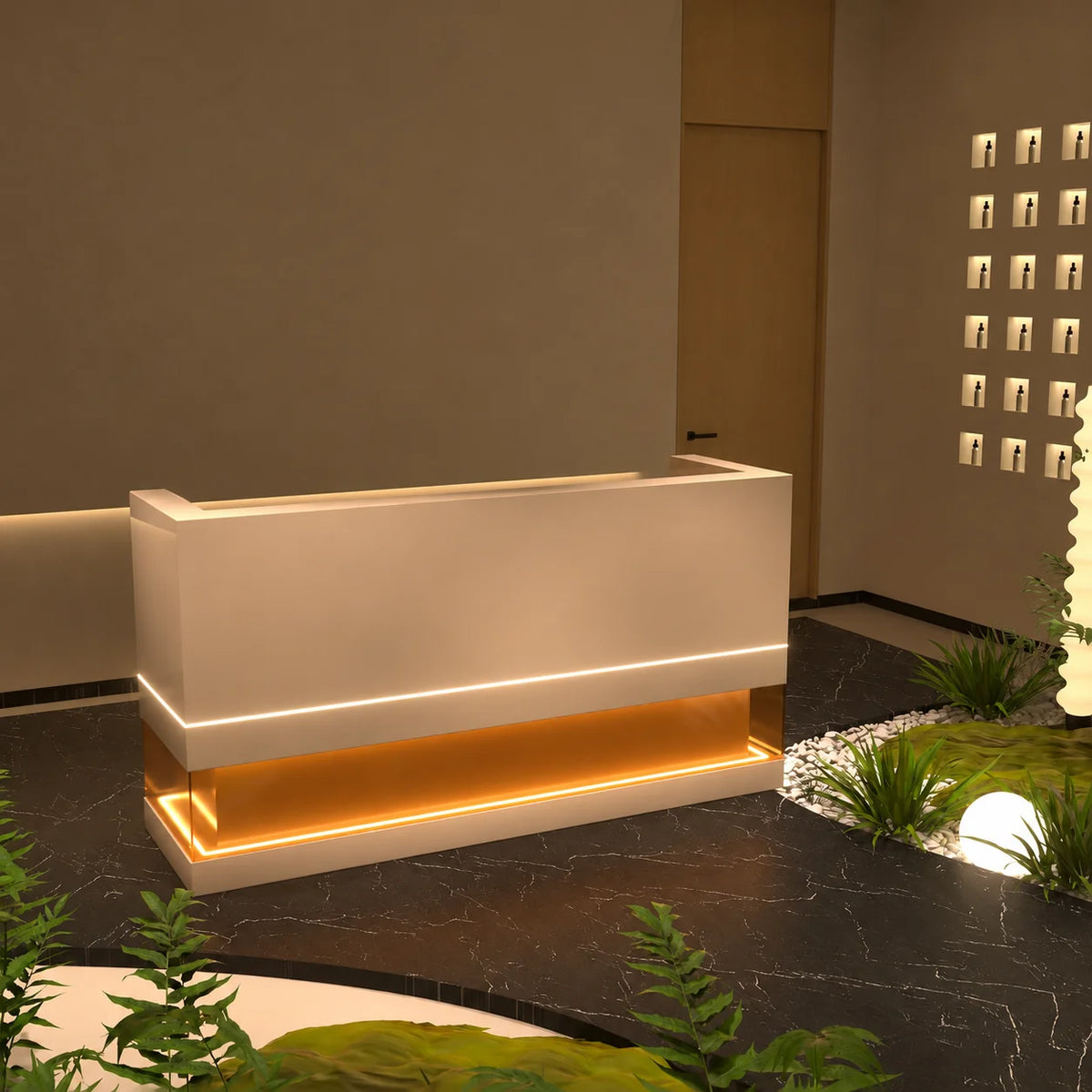 Modern Beauty Salon Reception Counter with Integrated LED Lighting