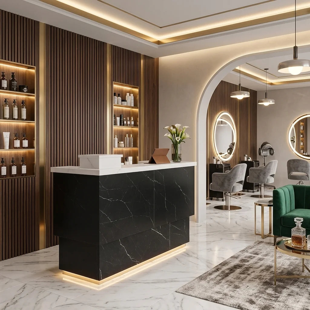 Charming Black & White Marble-Look Salon Reception Desk