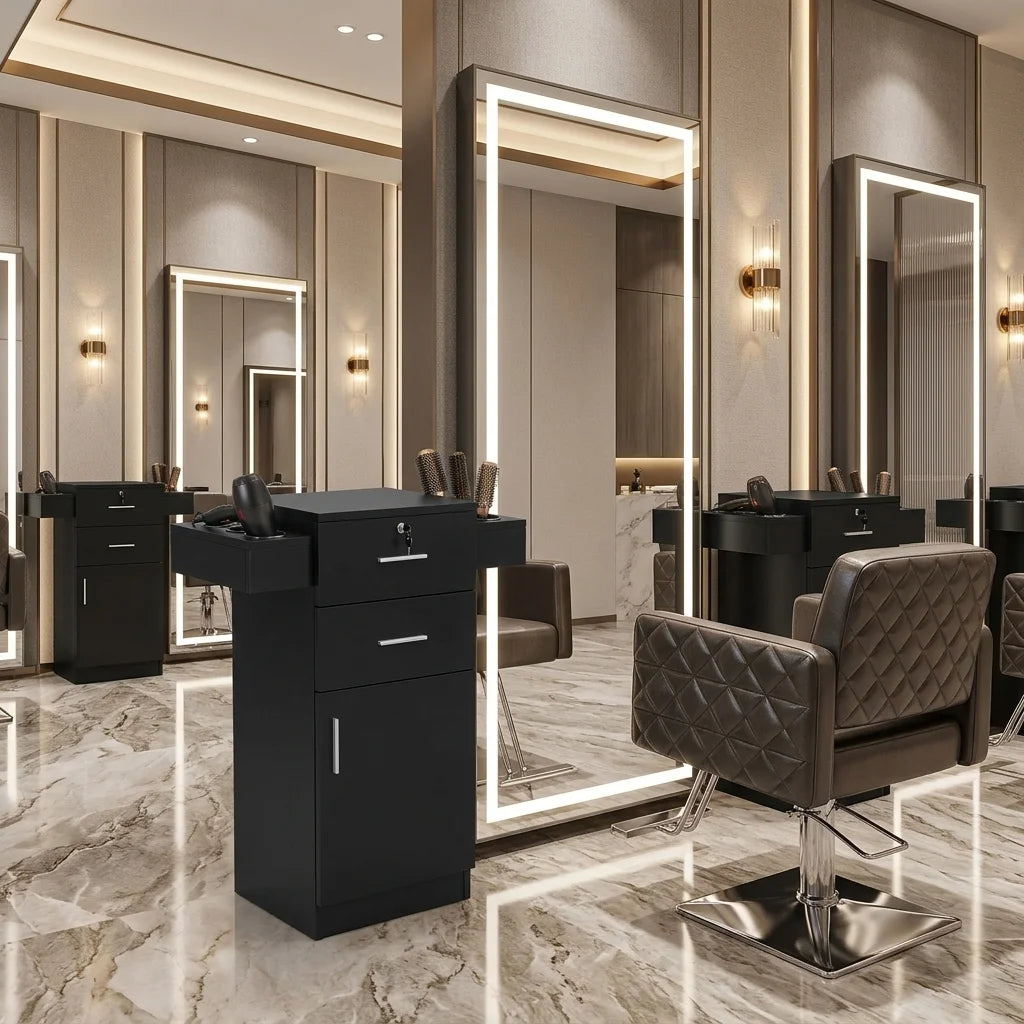 Black White Barber Styling Unit with Tool Organization
