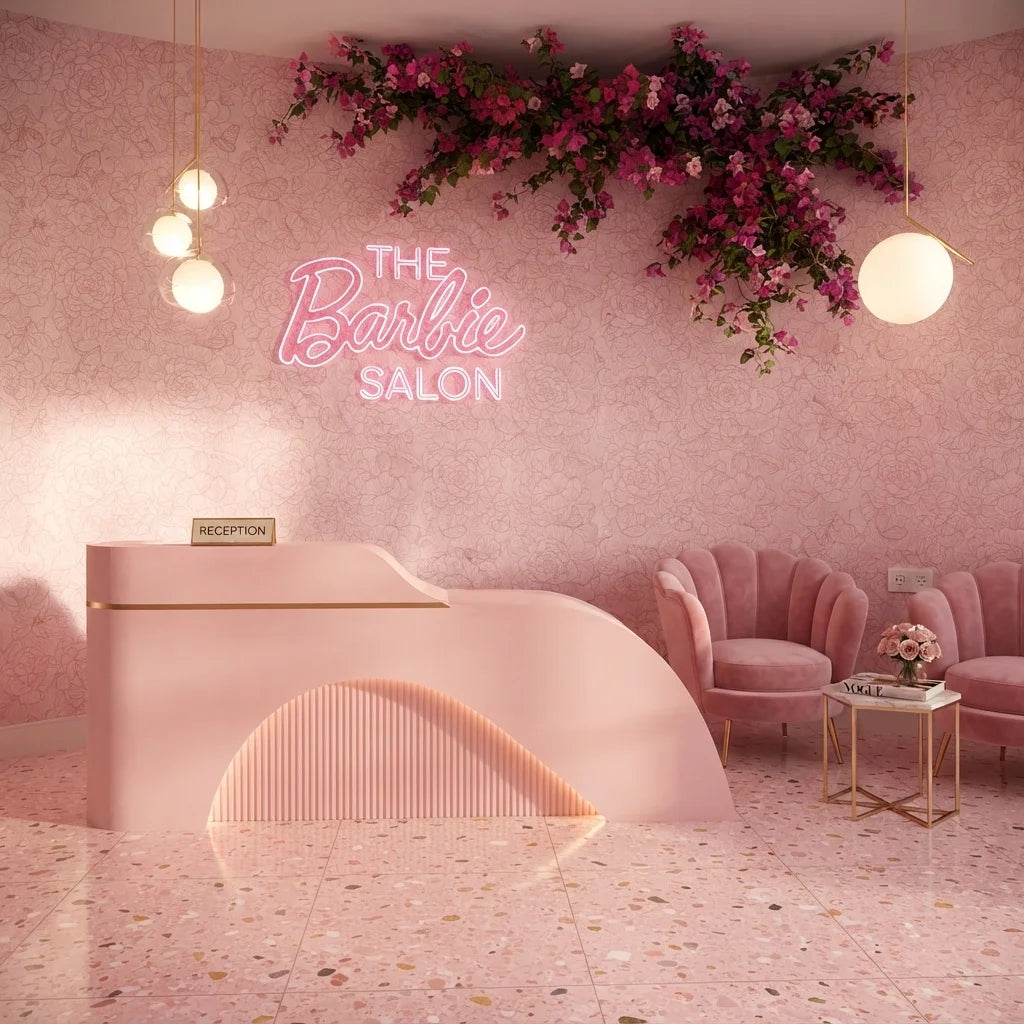 Pink Curved Salon Reception Desk with Illuminated Front