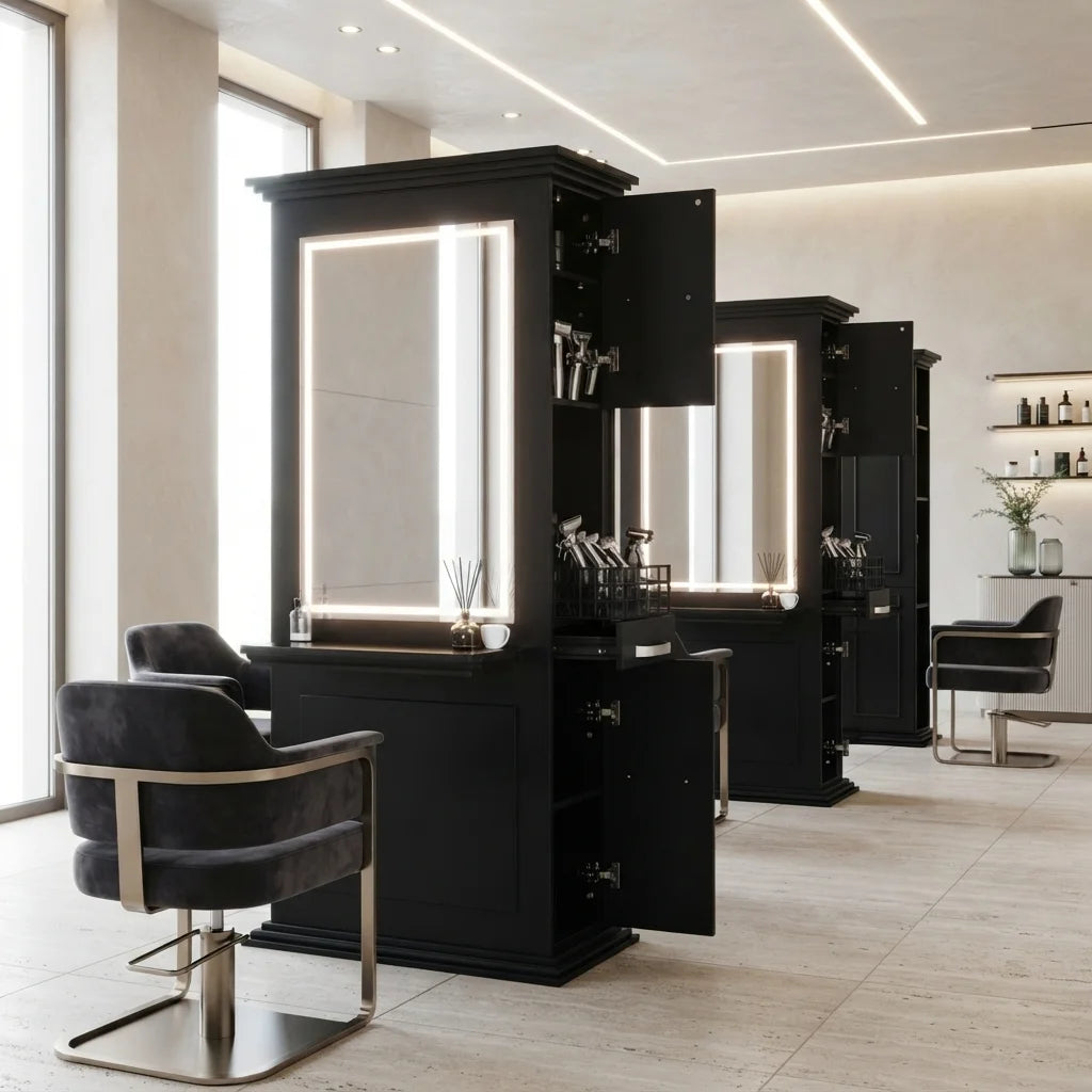 Black Barber Mirror Station with Built-In Cabinetry