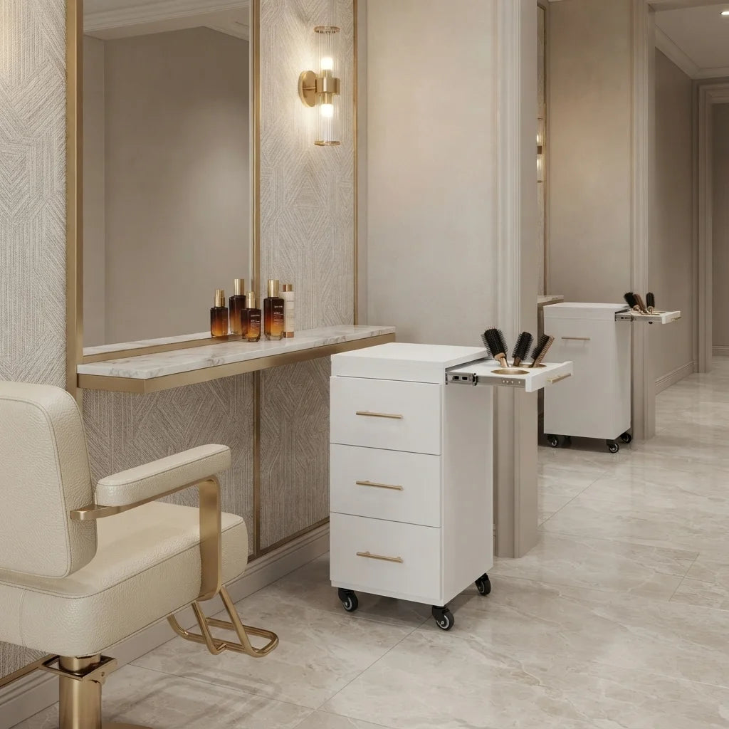 White Barber Styling Unit with Tool Tray