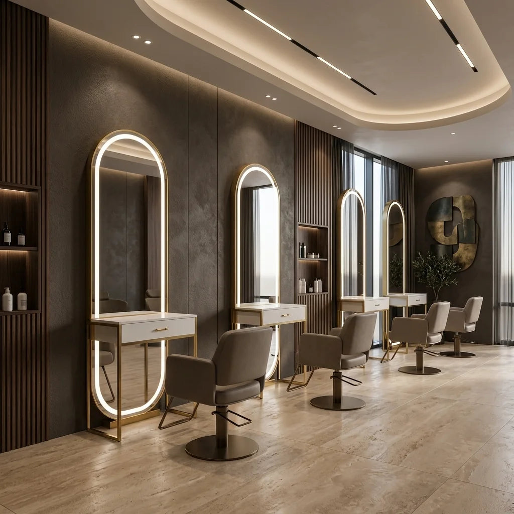 Full-Length Gold Salon Arched LED Barber Mirror Station
