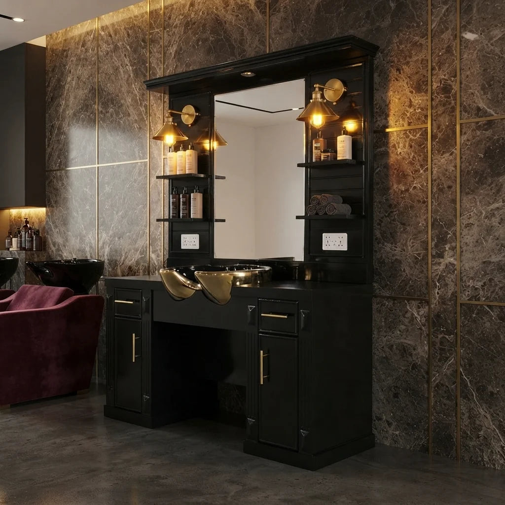 Black Theme Salon Mirror Station with Built-In Basin, Lamp and Storage