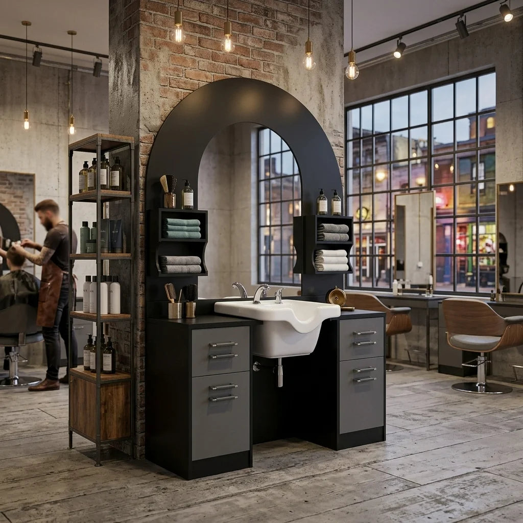 Arched Salon Shampoo Cabinet with Mirror and Basin