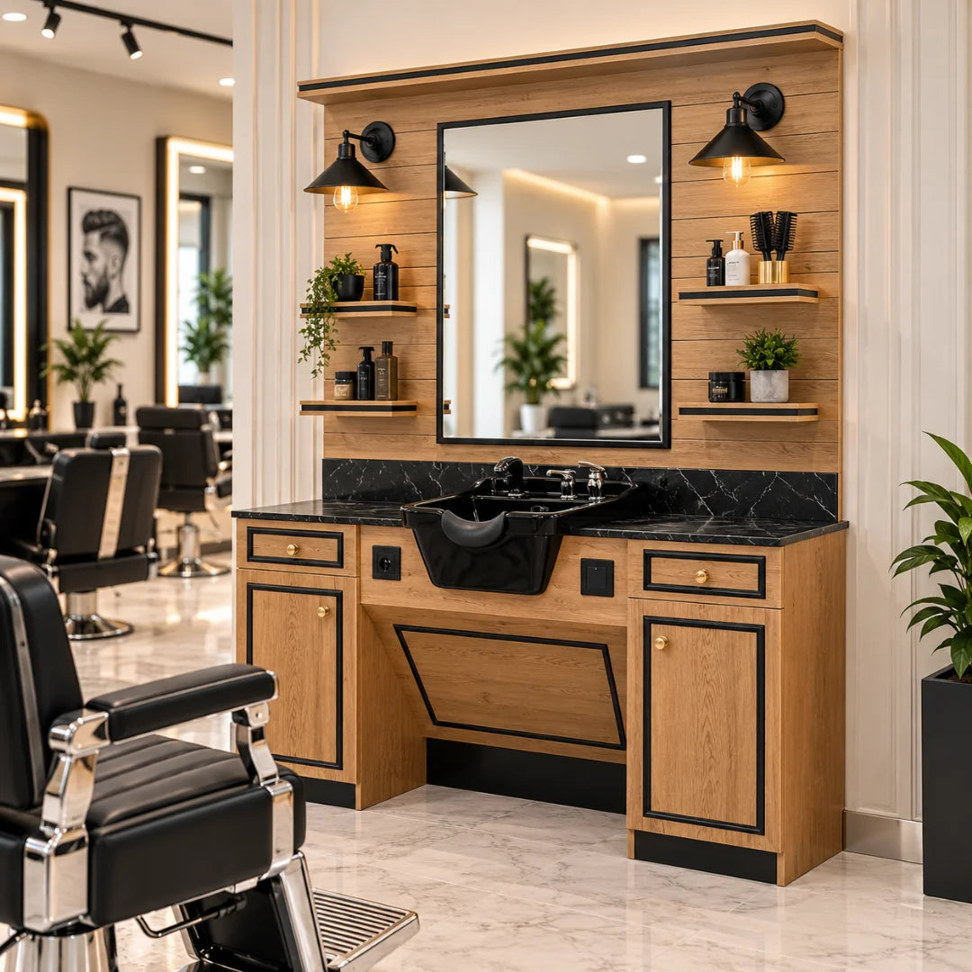 Wooden Barber Shampoo Cabinet with Mirror, Lamp and Basin