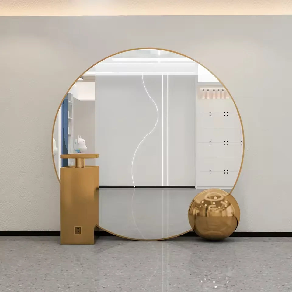 Freestanding Round LED Salon Mirror with Side Table