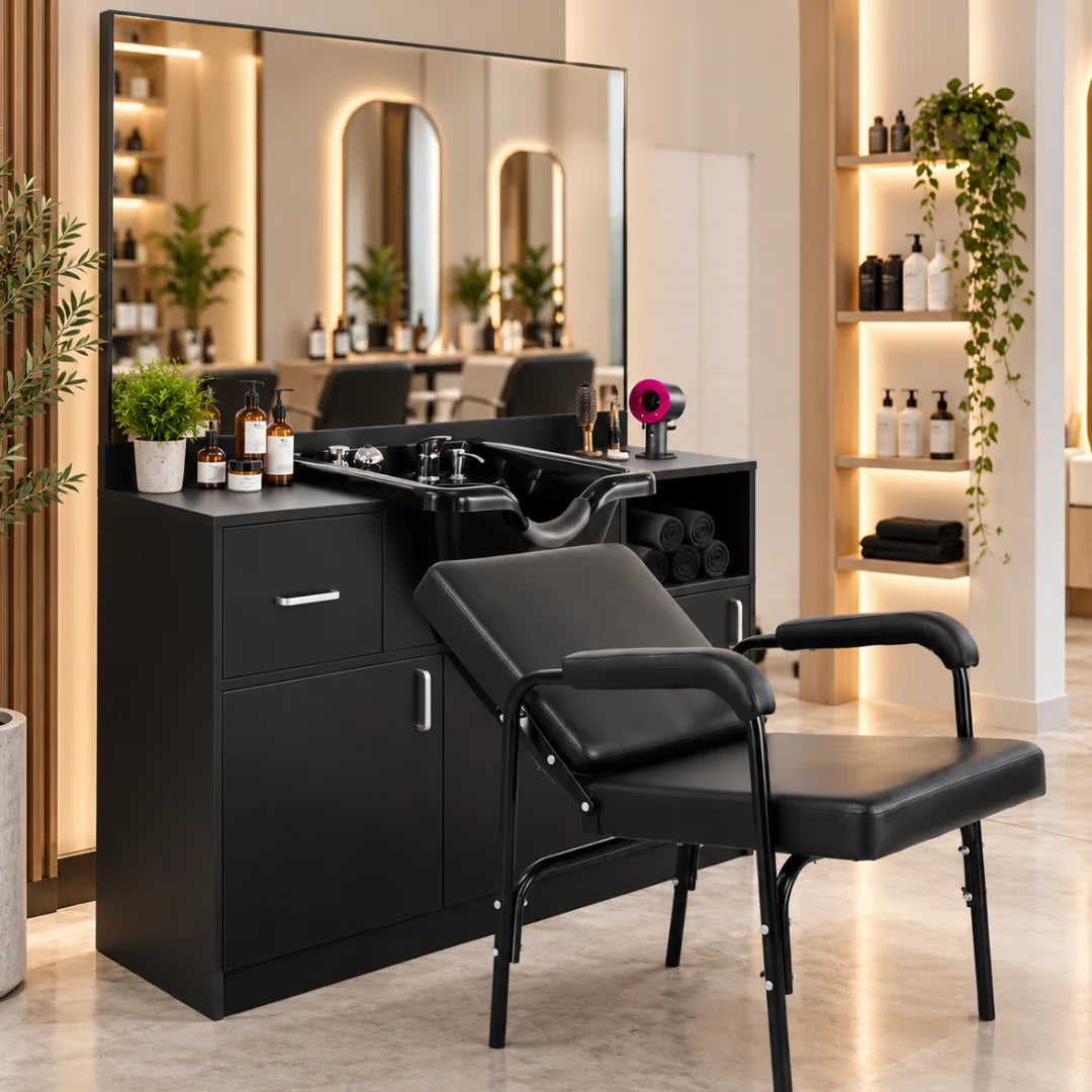 Black Salon Shampoo Cabinet with Mirror and Wash Basin