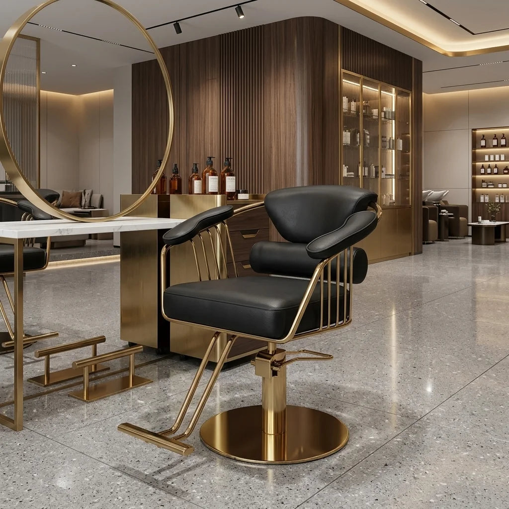 Barber Styling Chair with Gold Metal Frame