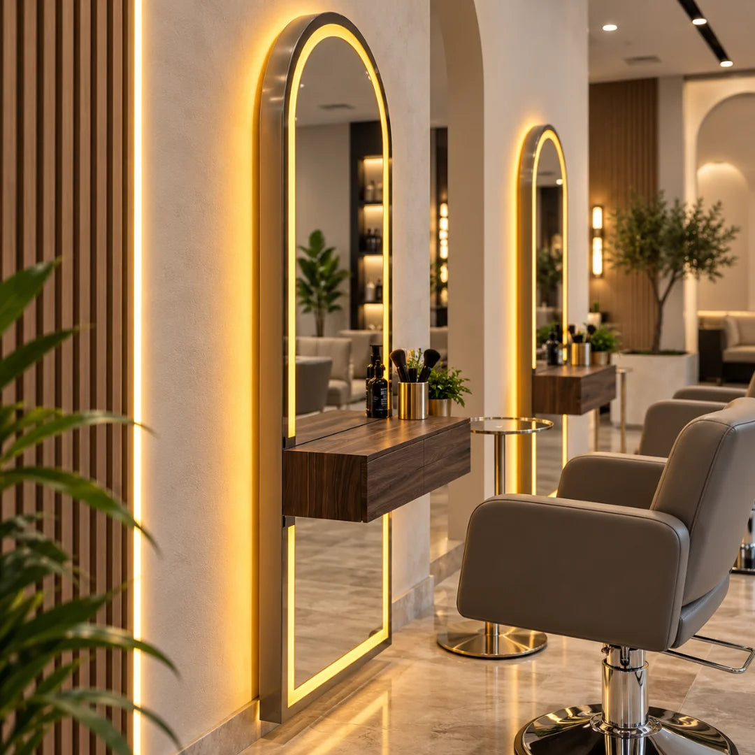 Arched LED Salon Styling Station with Floating Drawer